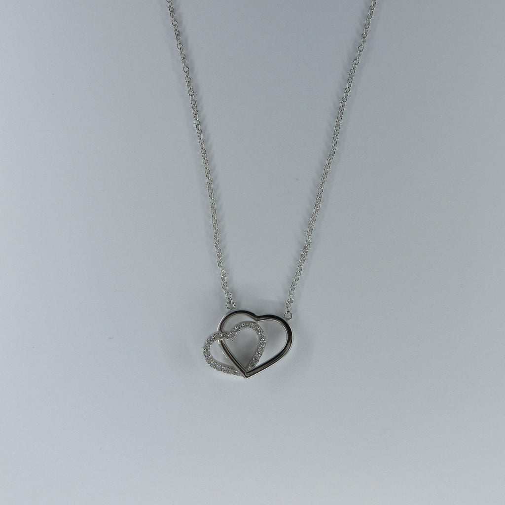 Ladies 9ct White Gold Double Heart C/Z Necklace