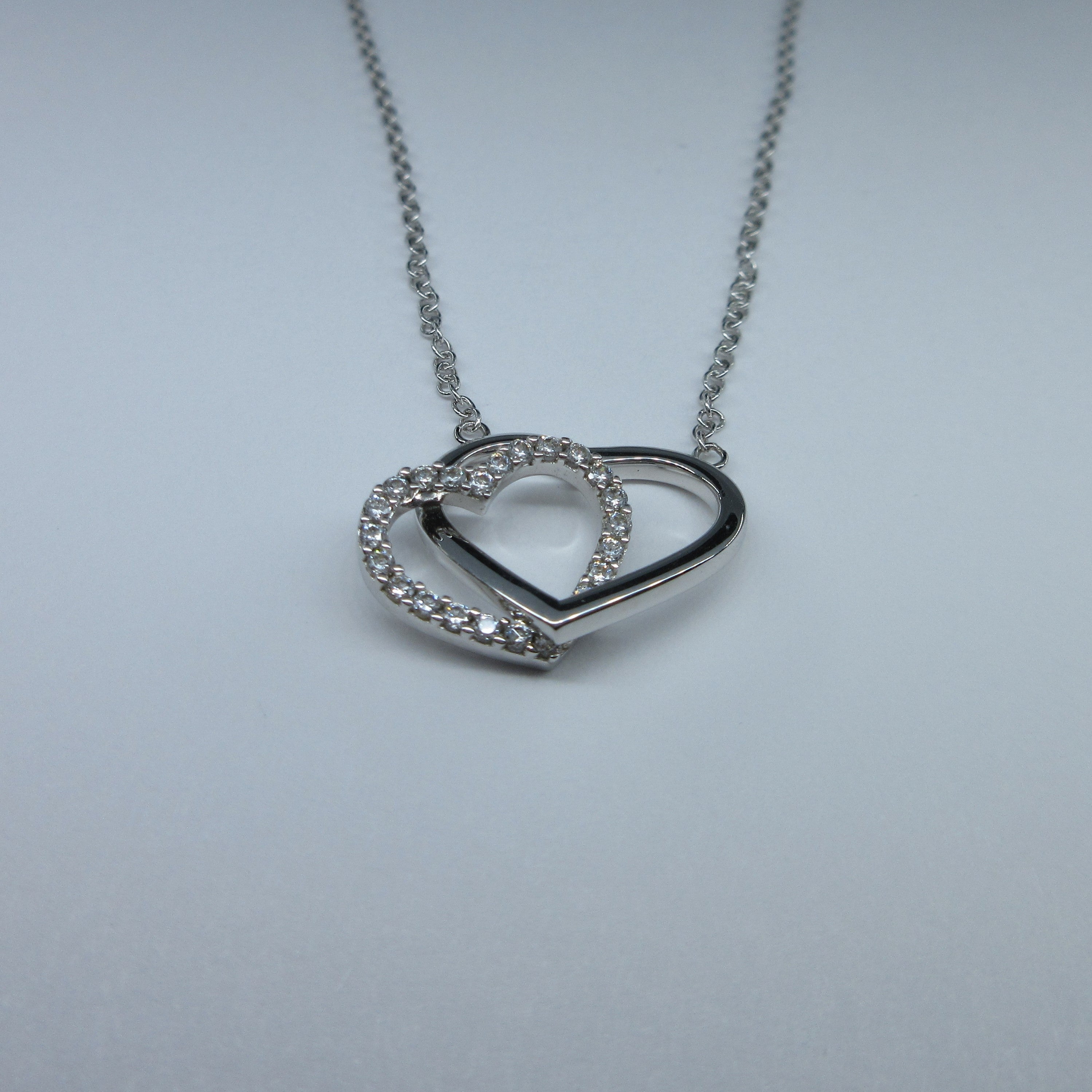 Ladies 9ct White Gold Double Heart C/Z Necklace