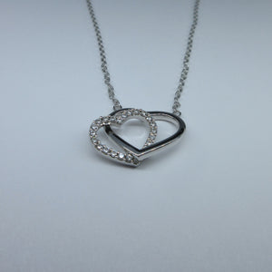 Ladies 9ct White Gold Double Heart C/Z Necklace