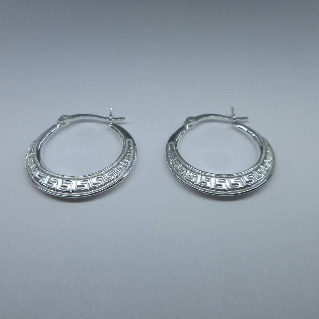 Silver Greek Key Pattern Hoop Earrings