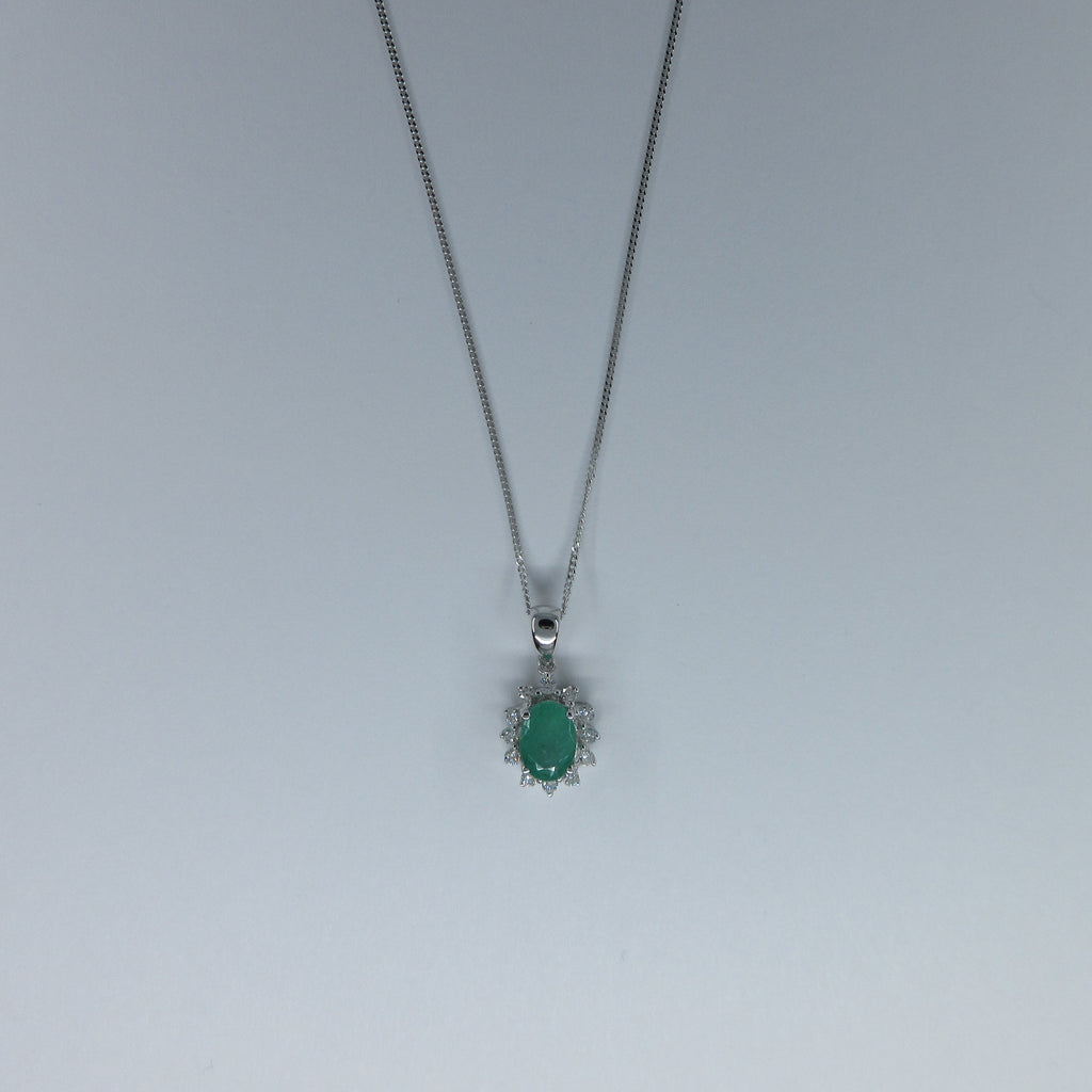 9ct White Gold Emerald & Diamond Necklace